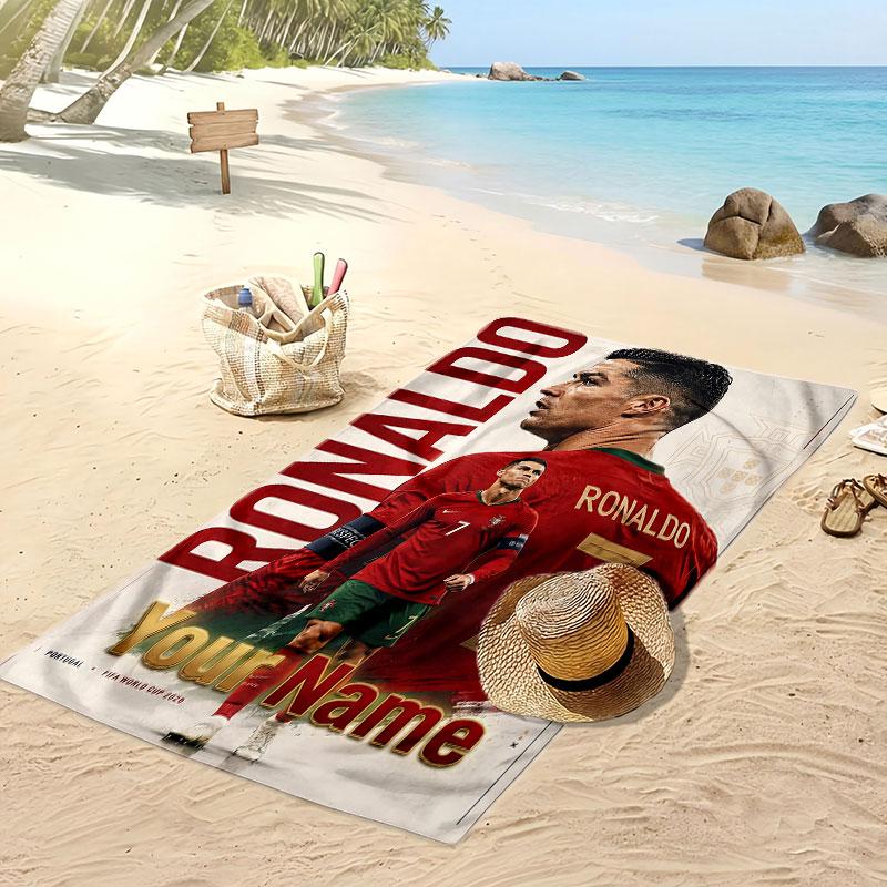 Asciugamano da Spiaggia Personalizzato Stampato Cristiano Ronaldo Logo Calcio Supporto Nome Personalizzato Testo Asciugamano Assorbente Per Sport Viaggio Regalo Speciale