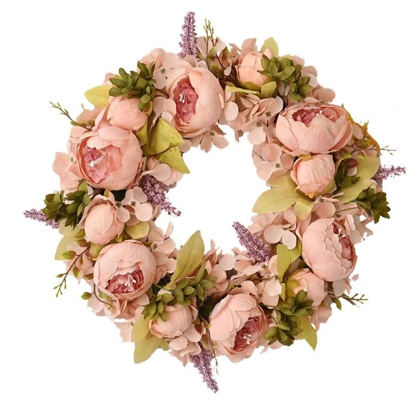 45CM Artificial Peony Wreath Door Decoration Wedding Lintel Flower Photography Props Living Room Wreath Floral Decoration