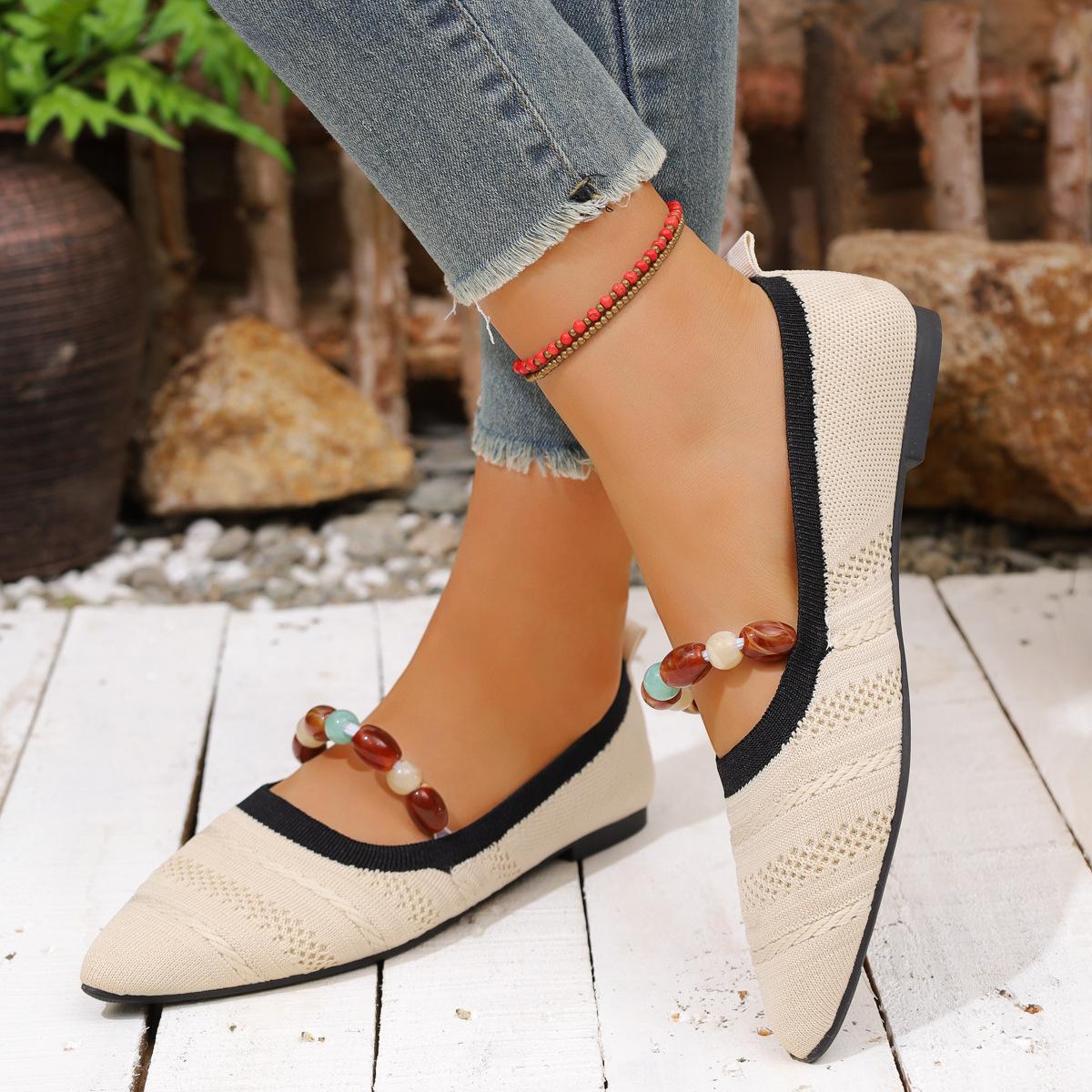 

Casual single shoes 2025 autumn new flying woven hollow colored beads with versatile soft sole large size women s shoe cloth 43