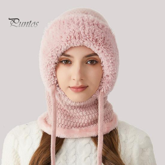 Women Winter Hat with Integrated Scarf Cold-proof Front Cover Thick Knitted Warm Solid Color Full Protection Outdoor Cycling Travel Cold Weather Cap