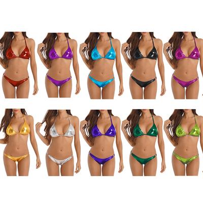 Womens Metallic Bikini Halter Lace Up Bra with O Ring Briefs Pool Party Swimwear