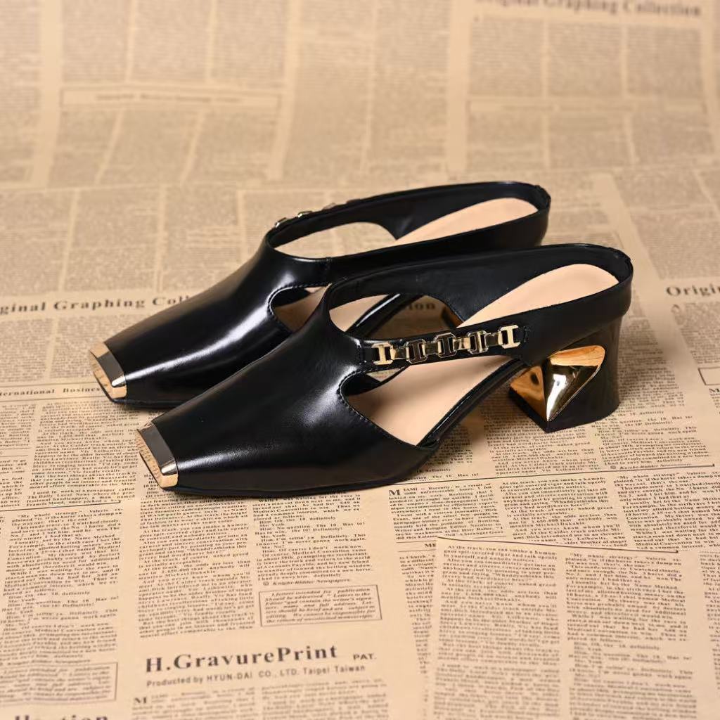 New Square Head Thick Heel Bag Head Half Slippers Women's Summer Outer Wear Shoes Temperament Medium Heel Slippers
