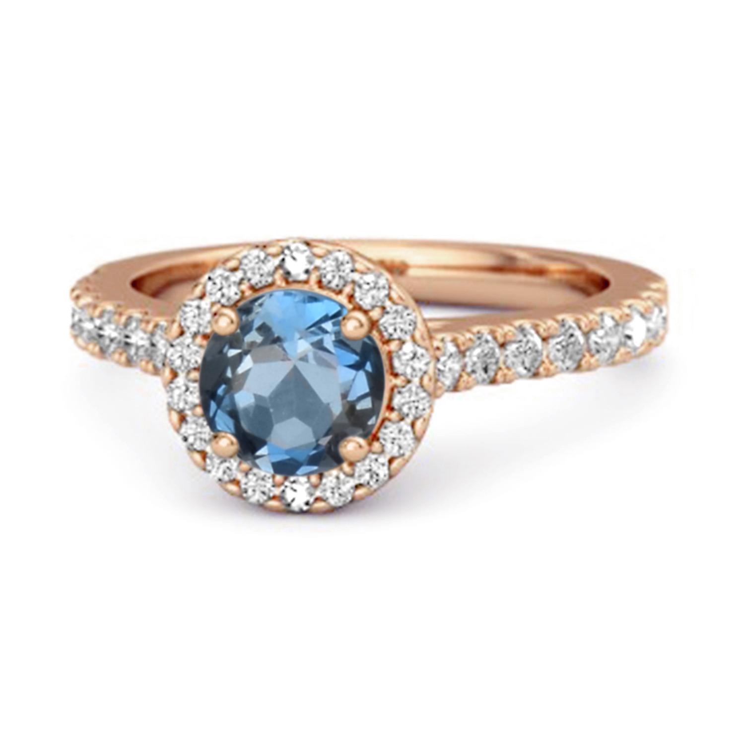 

London Blue Topaz Round Halo Accents Ring - 925 Sterling Silver Rose Gold Vermeil 12 Яскраво-рожевий