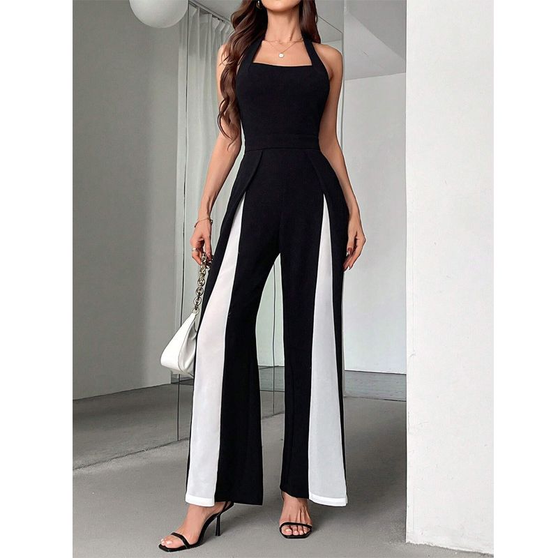 

Летняя мода Женский комбинезон без спины с завышенной талией и облегающего кроя, черно-белой расцветки, с прямыми брюками и халтер-вырезом, цельный комбинезон Black and White XXL