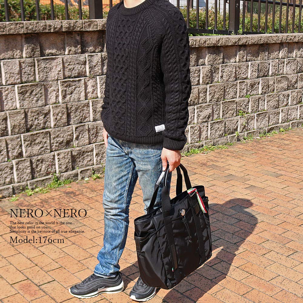 Orobianco ARINNA-C (NEROBlack) Luxury Limonta Nylon Tote Bag for Men, Genuine Leather, Large Capacity, Made In Italy, Men's Bag, Brand Name, Travel,