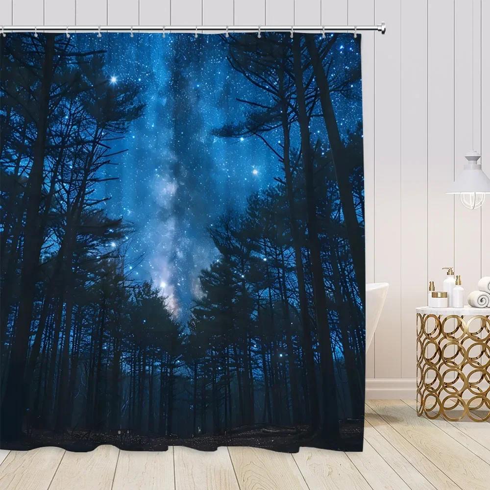 Starry Sky Night Forest View Shower Curtains Animals Fantasy Night View Pine Trees Bathroom Decorations Modern Bath Curtains
