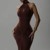 Halter Ruched Sleeveless Sexy Maxi Dress Women Gown Fashion Slim High Waist Evening Club Party Split Long Dress