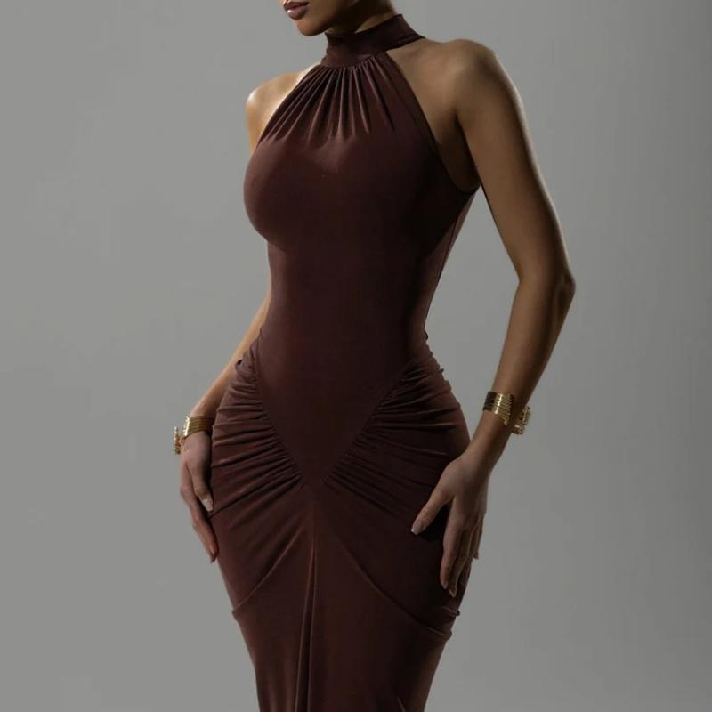 Halter Ruched Sleeveless Sexy Maxi Dress Women Gown Fashion Slim High Waist Evening Club Party Split Long Dress