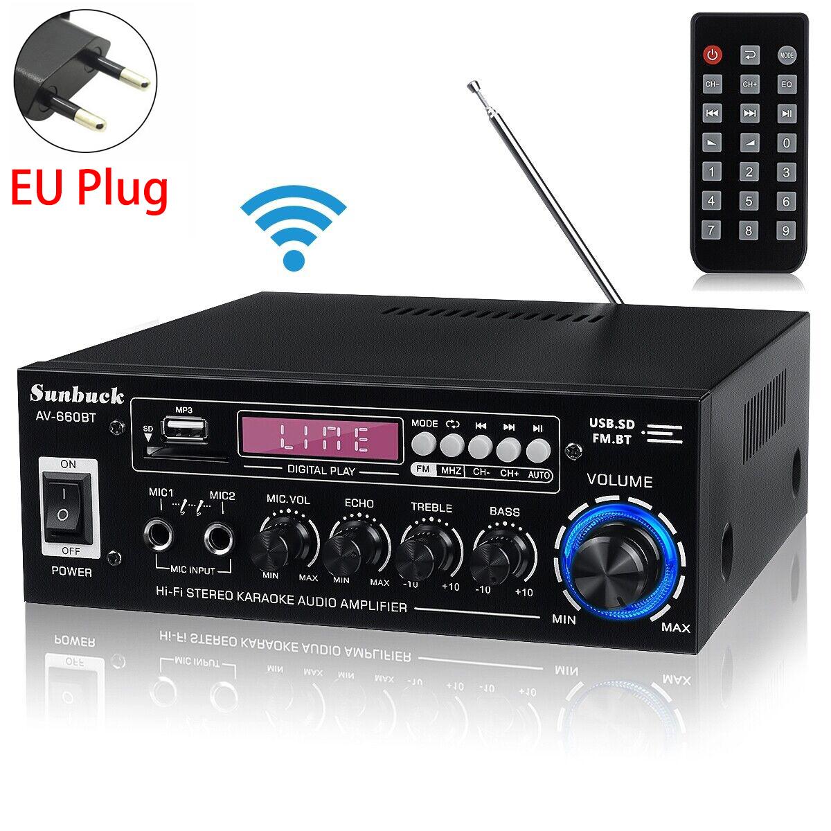 

SUNBUCK AV-660BT BT5.0 усилитель звука для домашнего кинотеатра, аудиоусилитель 110 В/220 В, поддержка эквалайзера, FM SD, USB, 2 микрофона, AK370, усилитель 12 В 660BT Black EU Plug