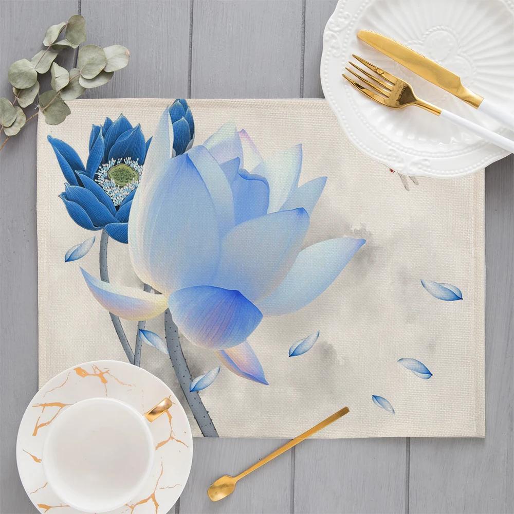 Morandi Floral Sunflower Printing Linen Placemat for Dining Table Drink Coaster Home Decoration Modern Kitchen Cup Pads