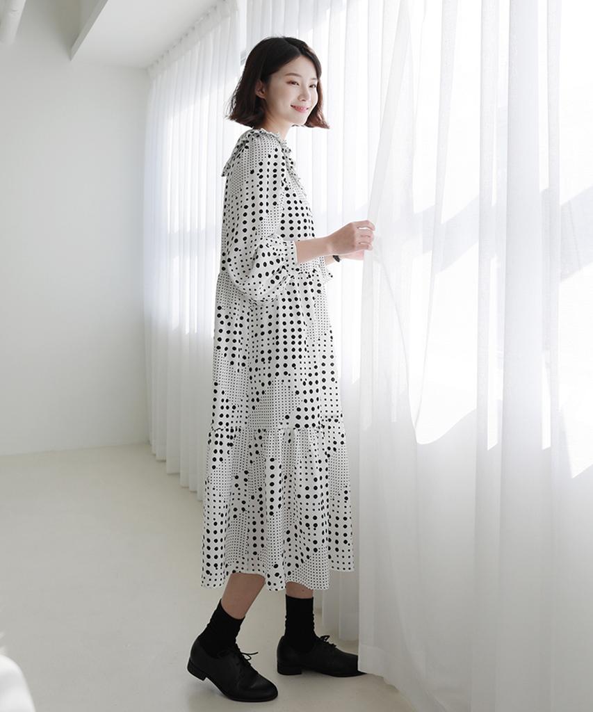 Ppaeppae Sailor Frill Collar Dot Long Dress