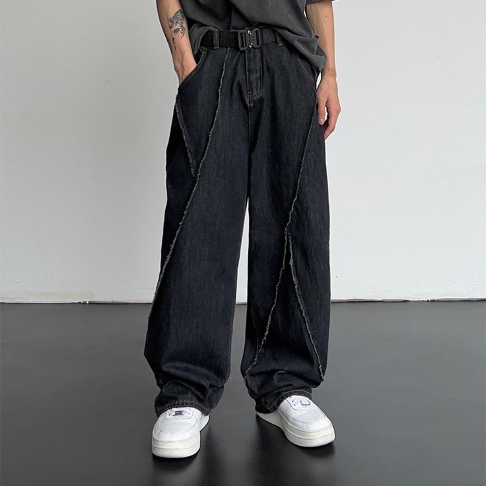 Fall Personality Hip-hop Straight Distressed Ripped Patchwork Men Fashion Loose Casual Wide-leg Jeans Plus Size