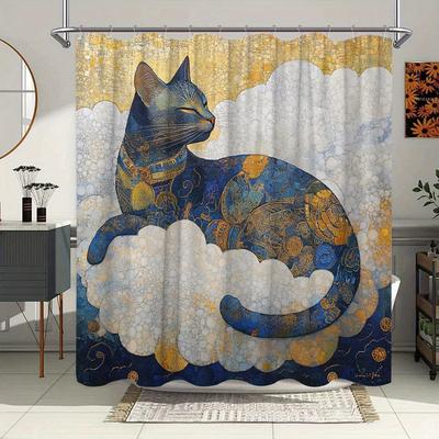 1Pc Blue Cat Ukiyo-E Style Shower Curtain With Golden And Blue Swirls, Ethereal Polyester Fabric Bathroom Decor, 70.8X70.8 Inche