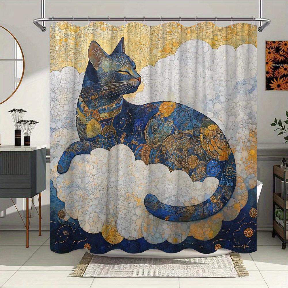 

1Pc Blue Cat Ukiyo-E Style Shower Curtain With Golden And Blue Swirls, Ethereal Polyester Fabric Bathroom Decor, 70.8X70.8 Inche 90x180cm35x71in