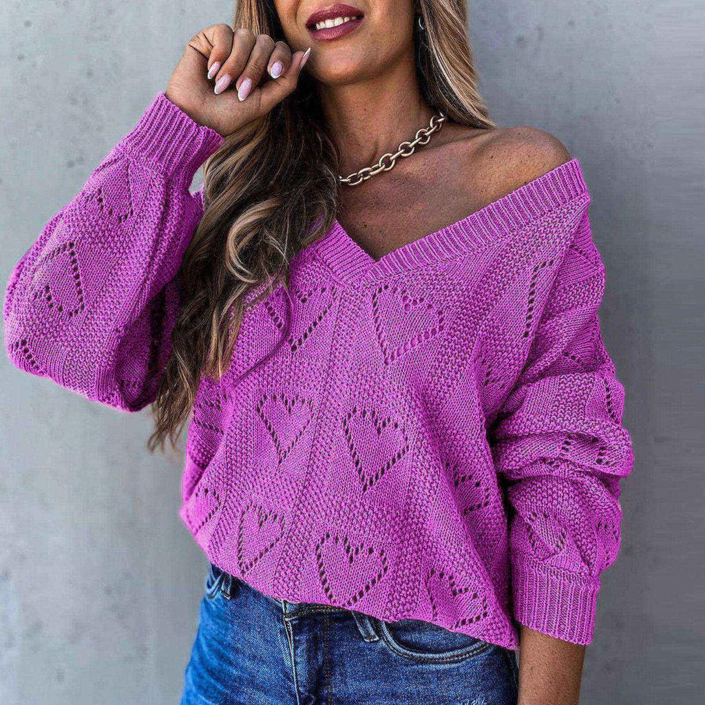 Damen Pullover mit herzförmigem, hohlem V-Ausschnitt und langen Ärmeln, Pulloverbluse, Strickpullover