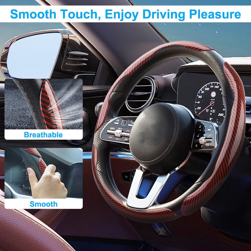 Carbon Fiber Steering Wheel Cover 3PCS, Non-Slip Grip For Universal Cars,Fit For 14–16 Inch Wheels, Interior Accessories For Cars Trucks (Red)