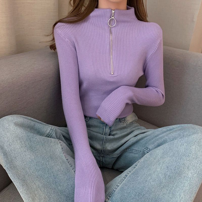 Stylová košile s polovysokým výstřihem a zipem na spodním dílu, slim střih a zeštíhlující top, dámský spodní outfit, temperamentní, podzimní a zimní pletený svetr