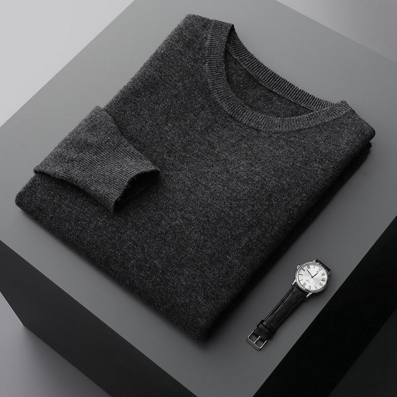 Herren Pullover mit Rundhalsausschnitt aus reiner Kaschmirwolle Herbst und Winter Wollpullover für mittlere und junge Leute Verdickt Vielseitiges Unterhemd Trend