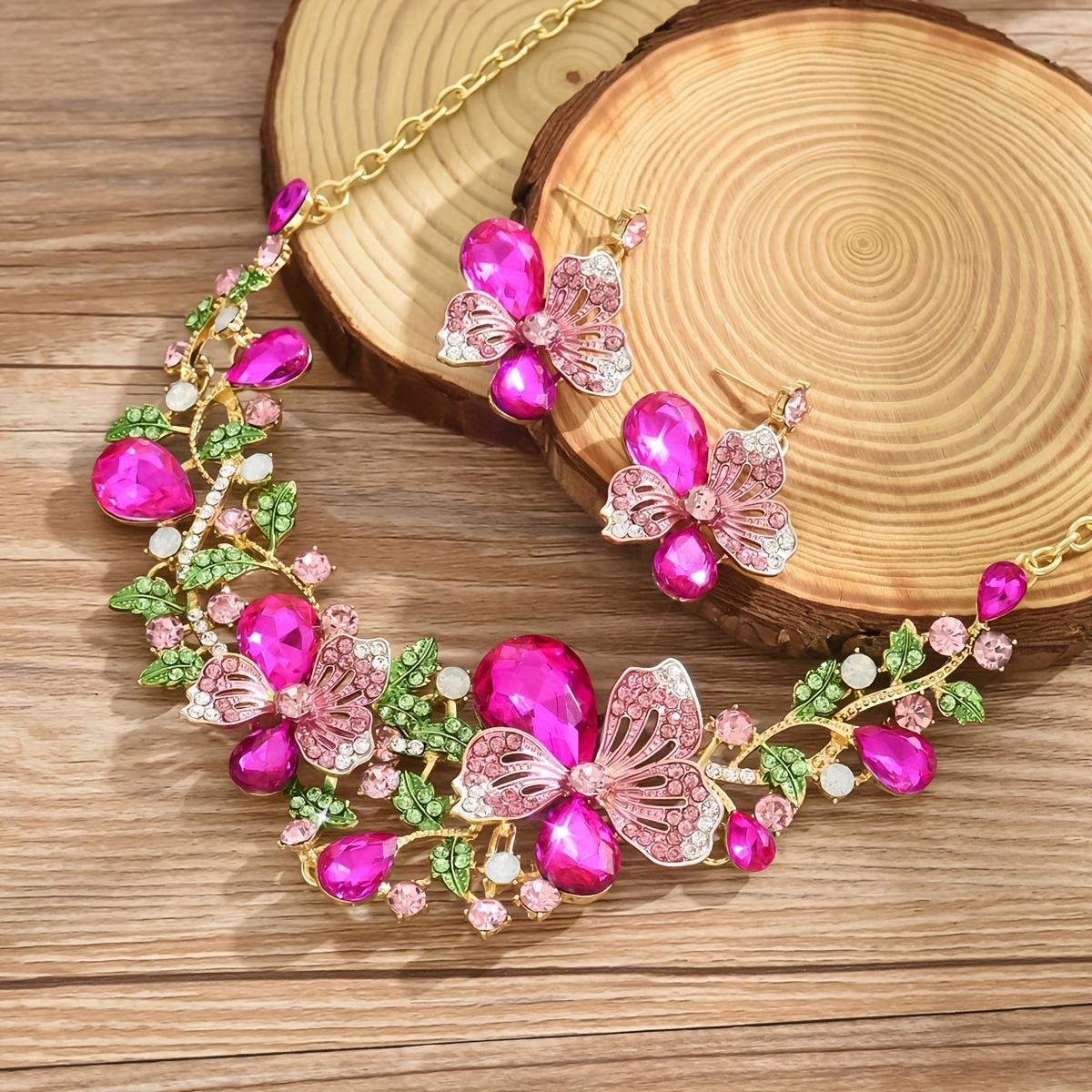 

Элегантный набор с цирконами и стразами в виде цветов для женщин - 3 предмета: колье и серьги-подвески, для вечеринок и на каждый день, идеальный подарок для свиданий/невесты 50cm розовый