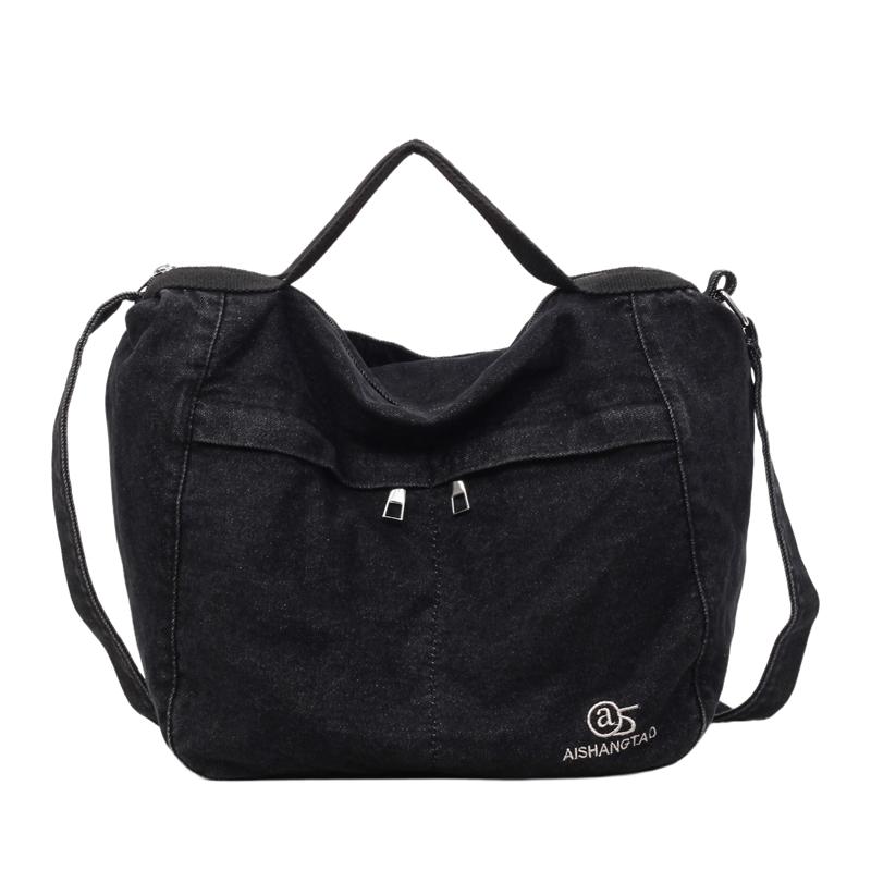 Джинсовая сумка женская вышитая большая вместимость на плечо кроссбоди чёрный