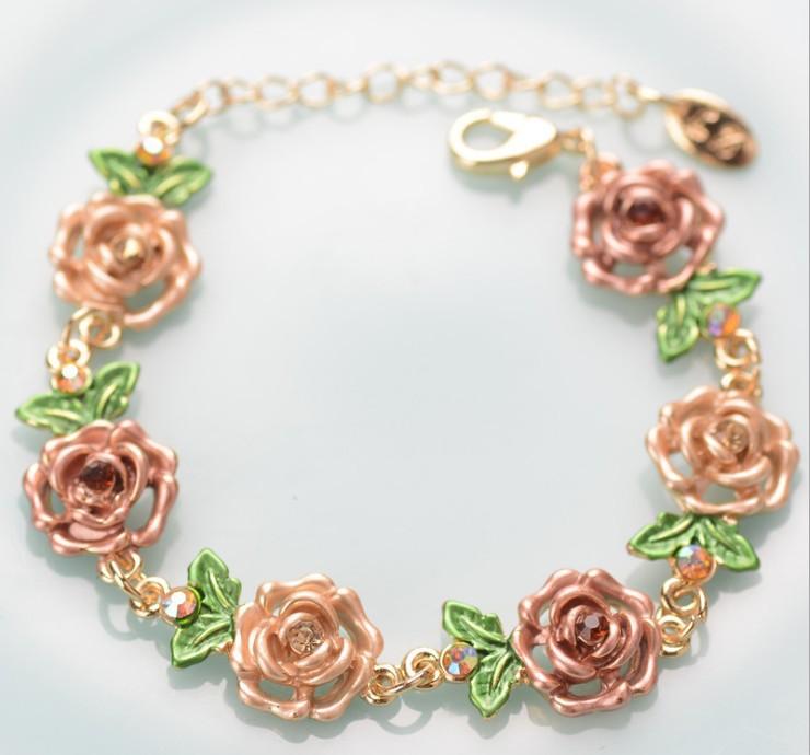 Bracelet Ethnique Rose en Alliage Vintage, Bijou de Poignet Floral Exagéré pour Femmes
