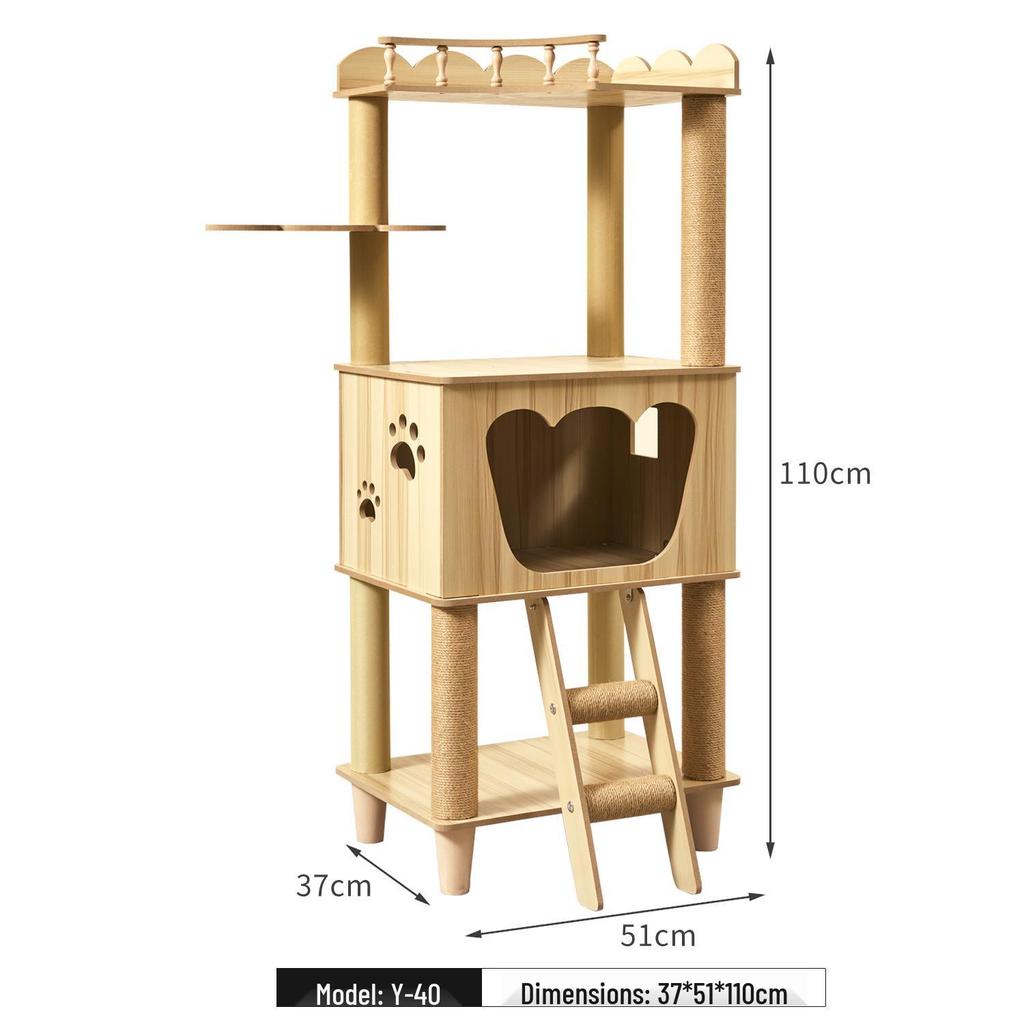 Large Wooden Cat Tree & Scratching Post with Space-Saving Design - Integrated Climbing Frame & House