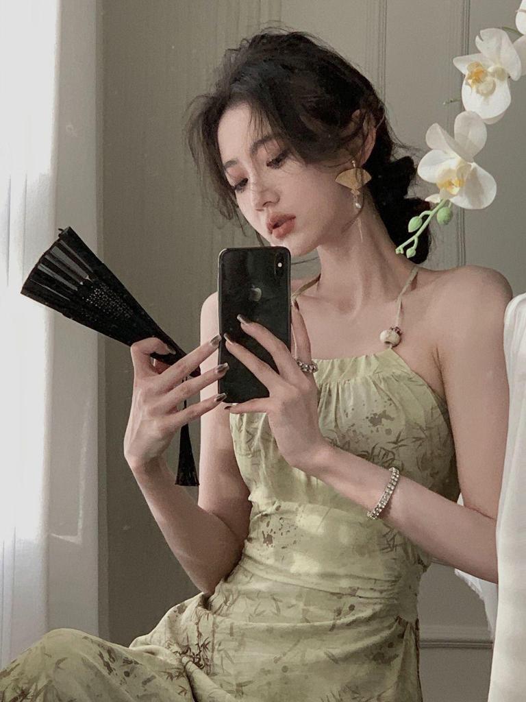 2024 Summer Halterneck Camisole Dress: Women's Elegant Cut-Out Waist Long Dress