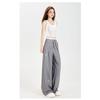 Casual Women's Bow Embroidered Striped Suit Relaxed Gray High Waist Draped Wide Leg Pants