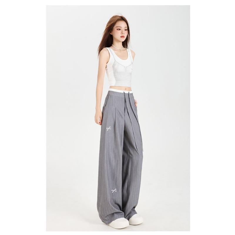Casual Women's Bow Embroidered Striped Suit Relaxed Gray High Waist Draped Wide Leg Pants