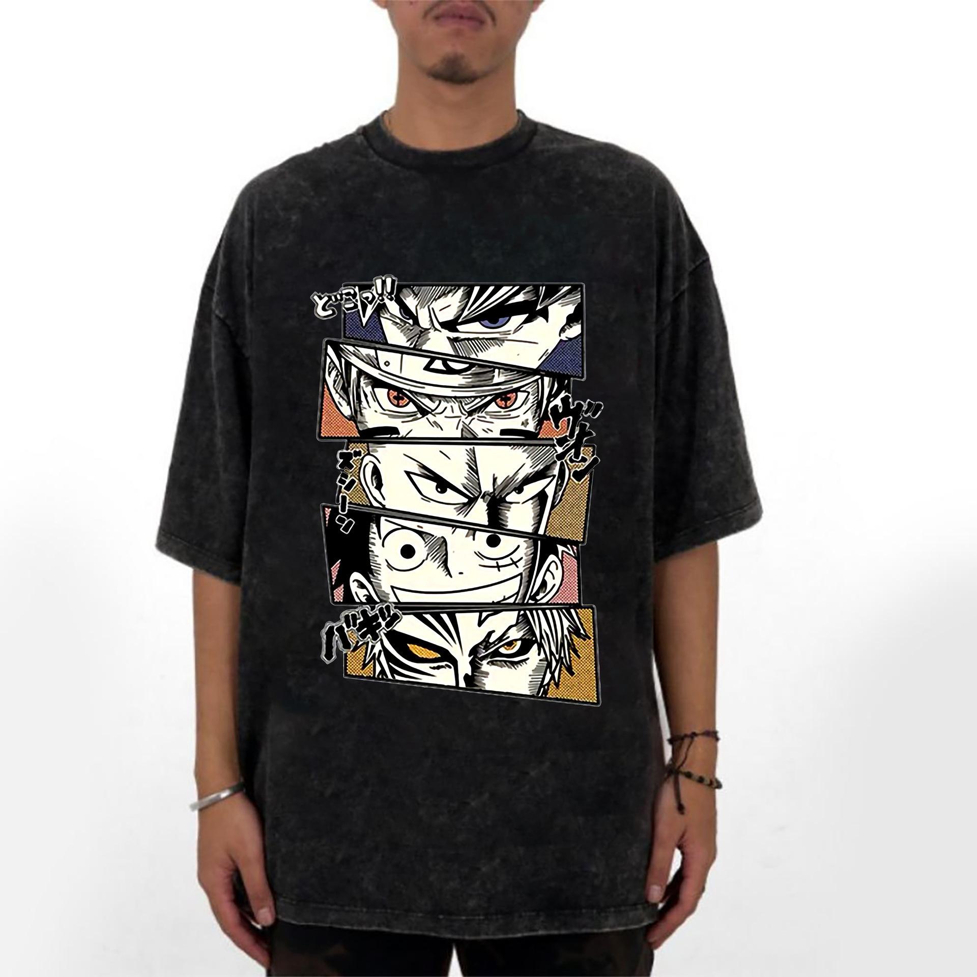 Washed Retro Short-Sleeved T-Shirt Japanese Anime Mixed-Cut Short-Sleeved T-Shirt Men S Summer Naruto Luffy S промывают черный