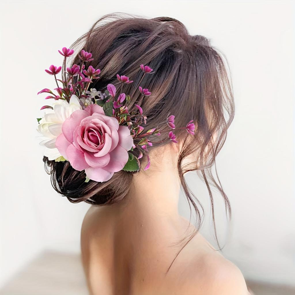 Elegant Floral Hair Comb for Women - Rustic Countryside Style, Vibrant Artificial Flowers, Scent-Free Fabric, Perfect for All Hair Types