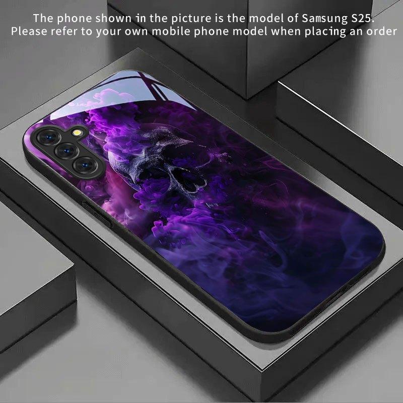 Galaxy S26 S21 S22 S23 S24 S25 FE Ultra Plus Serisi İçin Temperli Cam Telefon Kılıfı. Havalı Mor Dumanlı Kurukafa Tasarımı.