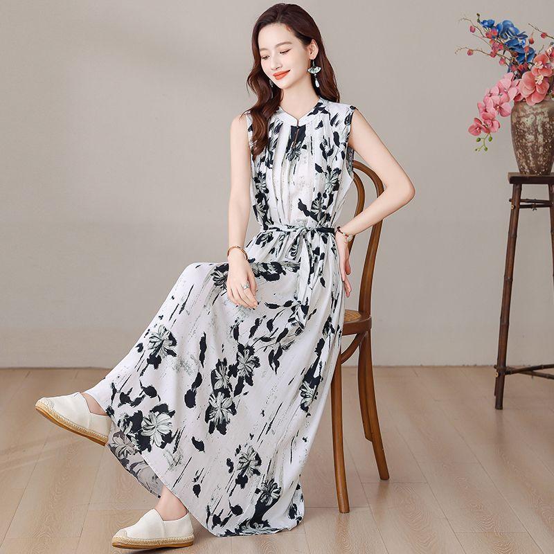 Elegant Floral Print Plus Size Dress for Middle Aged Women Summer Cotton Long Dress