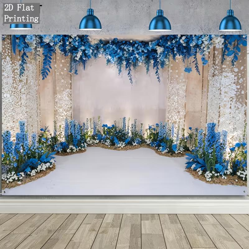 2D Flat Blue & White Floral Wedding Banner Elegant Blue Flower Arch Backdrop for Wedding Photoshoot