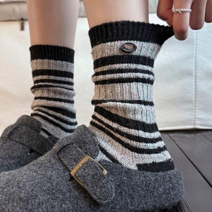 Women's Winter Thickened Trend Button Striped Wool Medium Tube Pile Socks