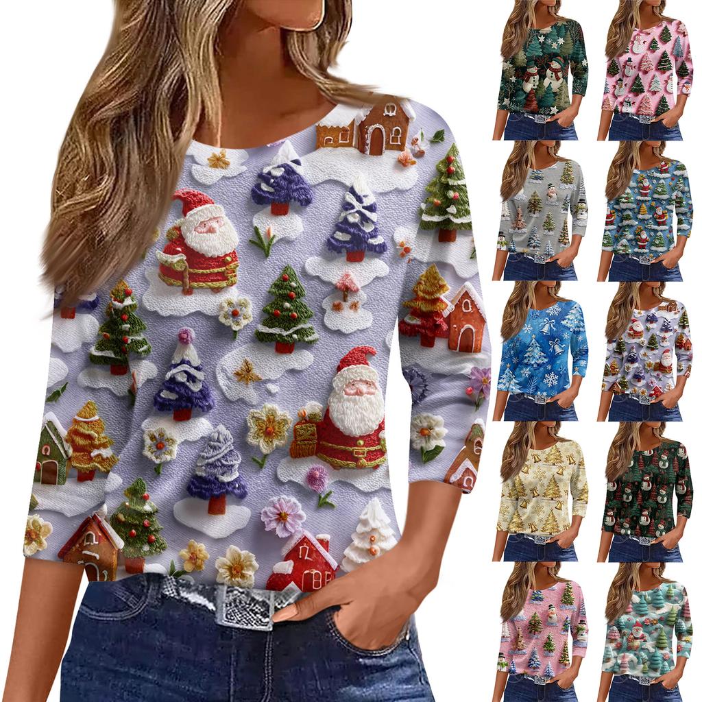 3/4 Sleeve Shirts For Women Print Graphic Tees Blouses Casual Plus Size Basic Tops Pullover