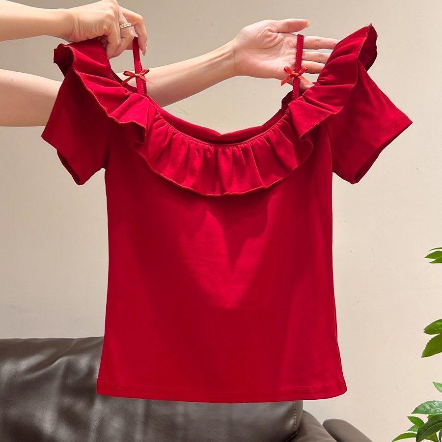 Top Estivo da Donna 2025 con Spalline Sottili, Scollo Bardot, Volant e Fiocco, Vita Sagomata, Vestibilità Slim