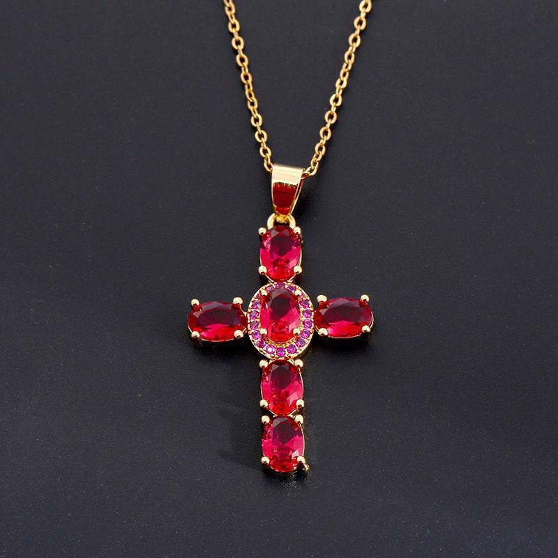 Gold-Plated Multi-Color Zirconia Cross Necklace with Full Diamond Design