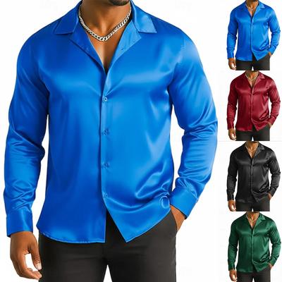 Seiden-Satin-Hemd für Herren Glänzendes Sateen Langarm Button-Down-Kragen Hemden Elegant Party Abschlussball Hochzeit Oberteile