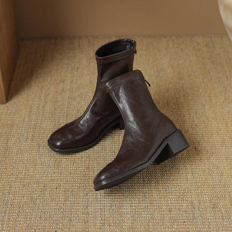 Autumn and winter medium heel knight boots women's comfortable square head leather boots rear zipper solid color square heel women's boots Korean vers
