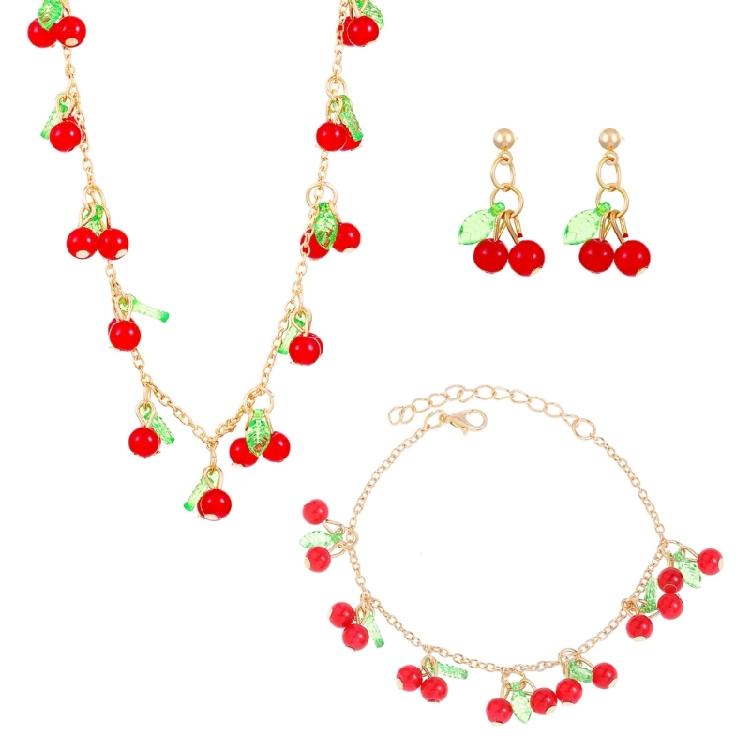 Versatile Cherries Strawberry Fashion Jewelry Set Unique Strawberry/Cherries Necklace Bracelet Ear Rings