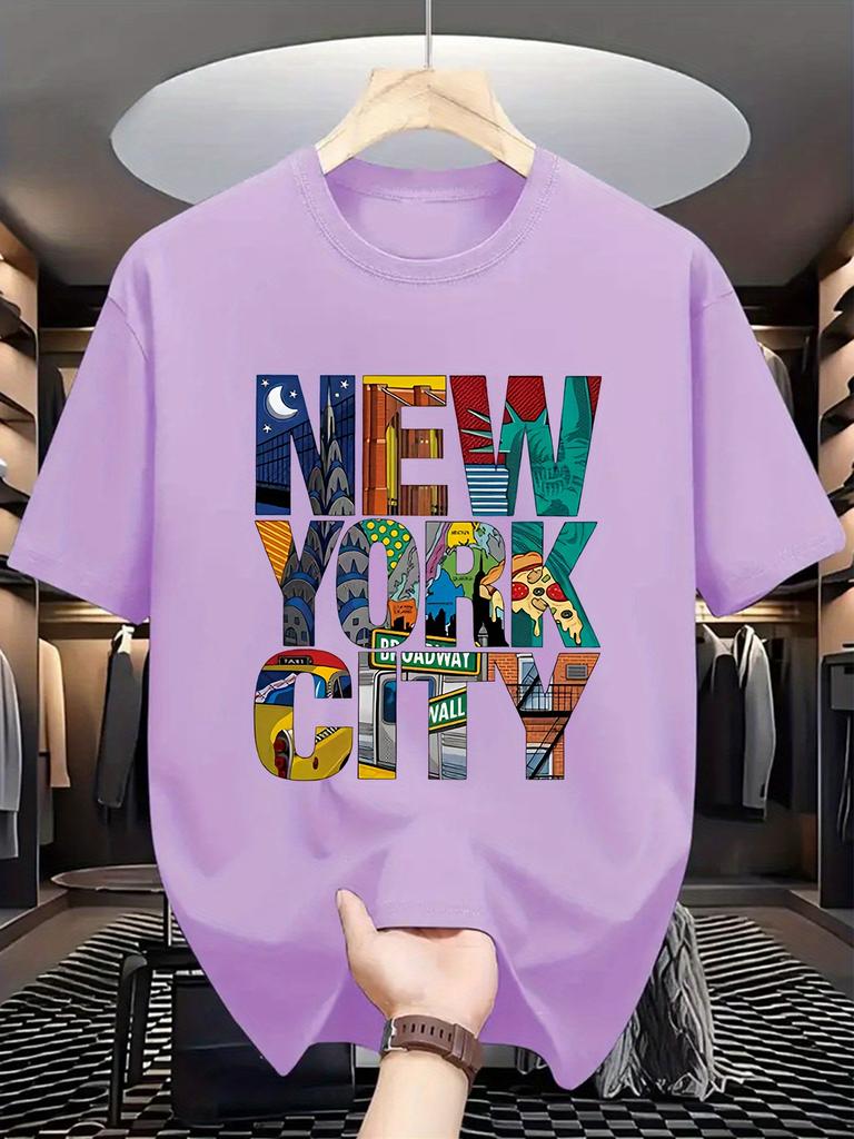 Men'S Casual Crew Neck T-Shirt with New York Letter Print, Knit Fabric, Slight Stretch, Regular Fit, Summer Short Sleeve Top