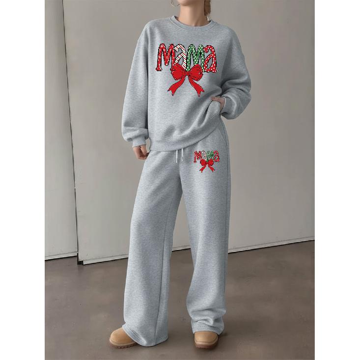 Women's Christmas MAMA Print Sweatshirt & Drawstring Straight-Leg Pants Set with Bowknot – Cozy & Stylish Casual Sportswear