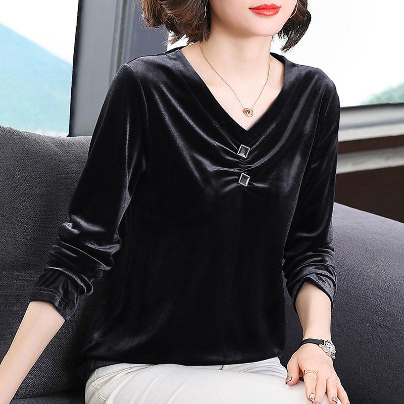 Sametový top s límečkem Dámský Podzim Zima Střední věk Máma Košile s dlouhým rukávem Nadměrná velikost Spodní prádlo Základní vrstva