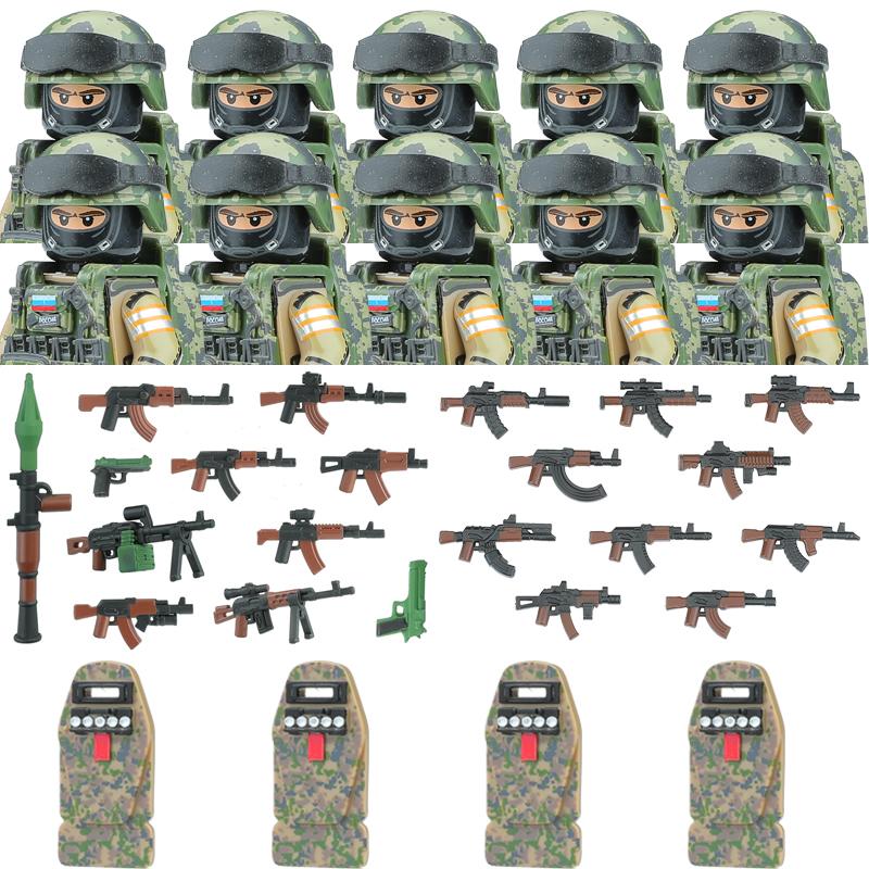 Non-Toxic City Police Russia Commando Fsb Special Forces Figures Building Blocks Green Camouflage Shield Army Soldier Military Weapon Toys