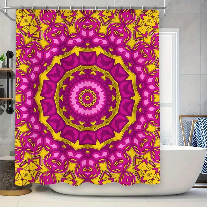 Lebendiger Mandala-Duschvorhang Rosa Gelb Floral Badezimmerdekoration Für Zuhause Badezimmer Einfache Installation Schnelltrocknendes Gewebe Moderner Stil