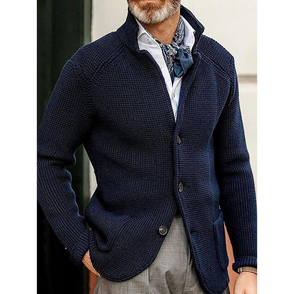 Stand Collar Men Cardigan Long Sleeve Pockets Thickened Cardigan Sweater Jackets Winter Solid Color Buttons Knitted Sweater Coat