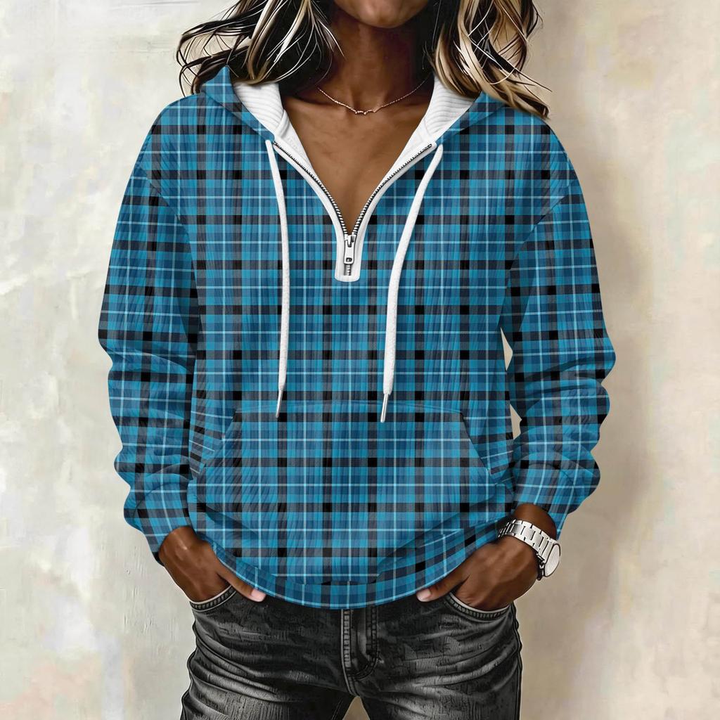 Women's Long Sleeve Drawstring Hoodie with Striped Plaid Print Pullover Sweatshirt