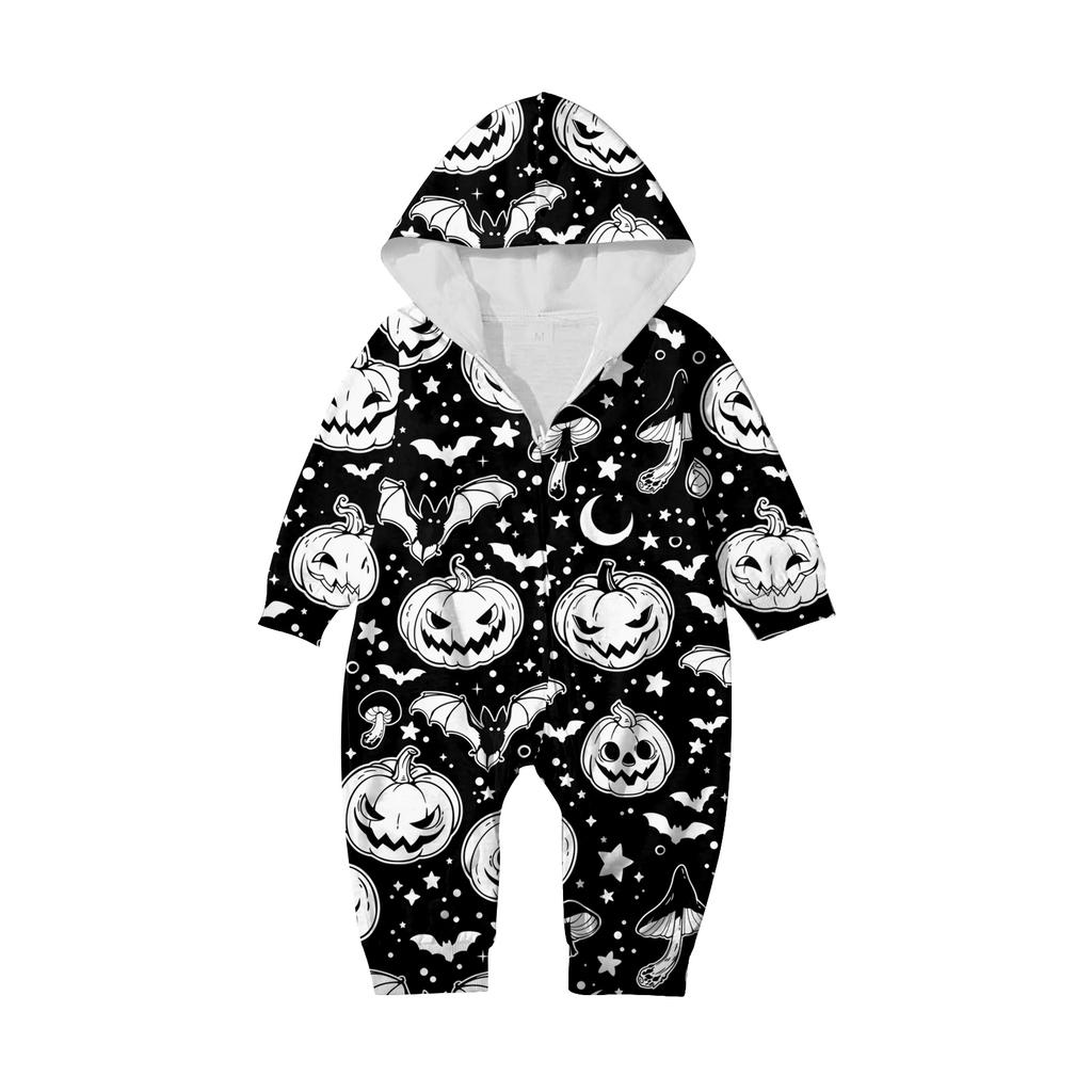 Halloween Printed Family Matching Hooded Long Sleeved Zippered Hooded Jumpsuit Set