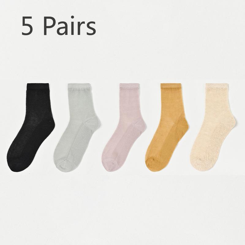 

5 пар летних ультратонких дышащих сетчатых носков для девочек, однотонных, солнцезащитных, впитывающих пот, износостойких 5 Pairs